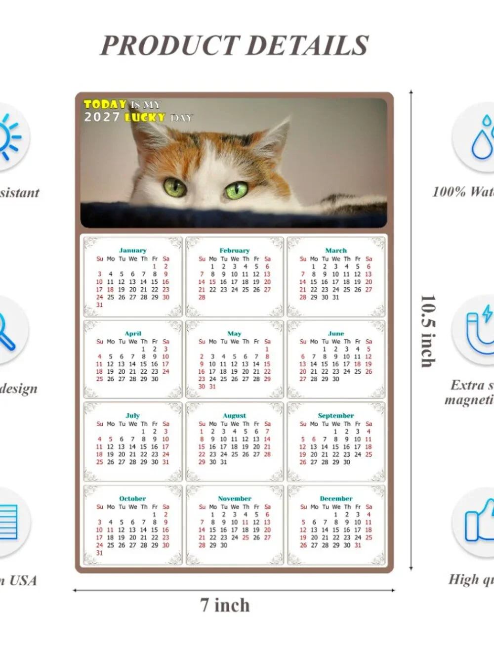 2027 Magnetic Calendar - Today is my Lucky Day - Cat Themed 012 (7 x 10.5)